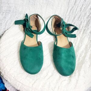 Green Faux Suede Ankle Strap Flats Size 11